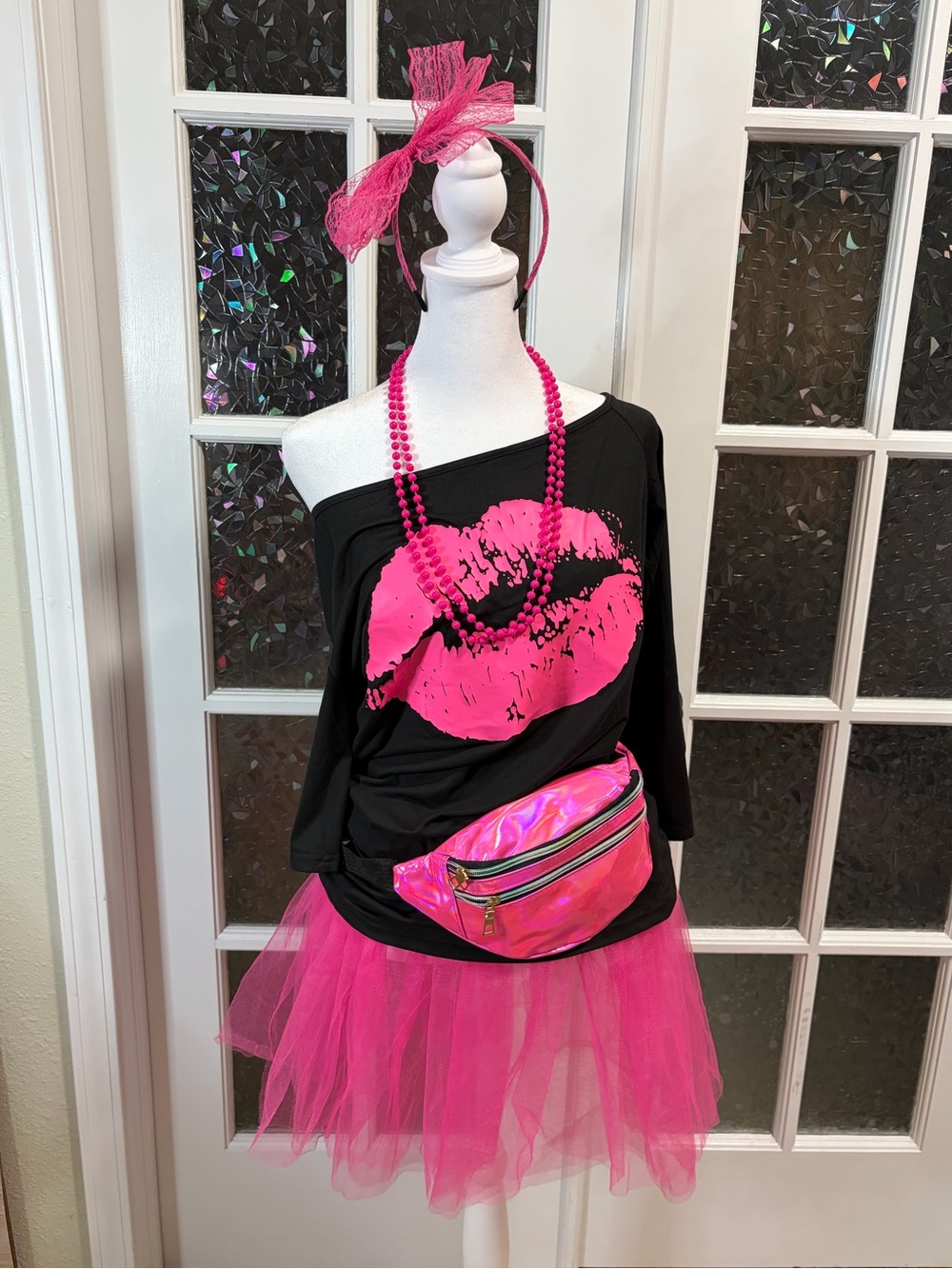 80s Neon Costume Outfit Women’s XL Hot Pink Tutu Leg Warmers Accessories
